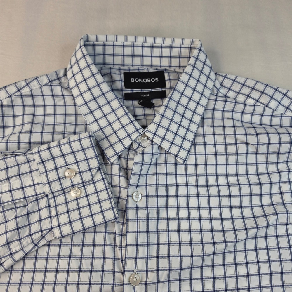 Bonobos Performance Button Down Shirt Mens XXL White Navy Blue Slim Fit Grid